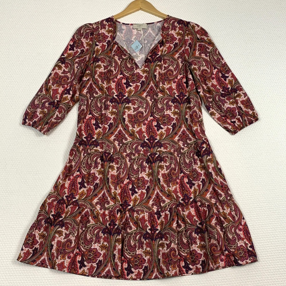 NWT Loft Outlet Paisley Shift Dress Petite XXS Pink Balloon Sleeve Tiered V-Neck